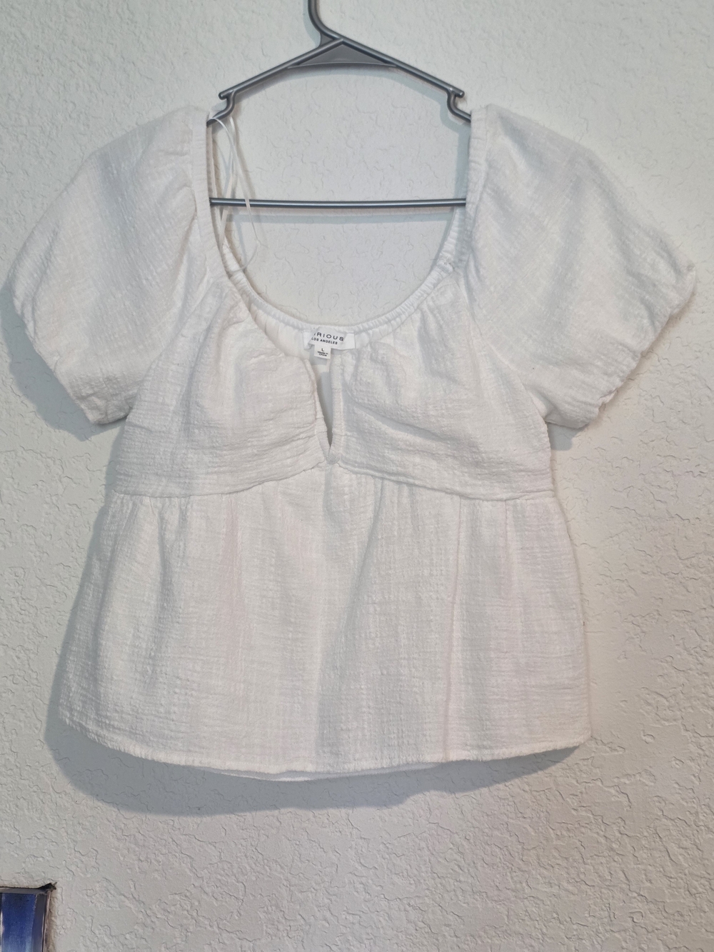 Textured Cream Peasant Top with Puff Sleeves